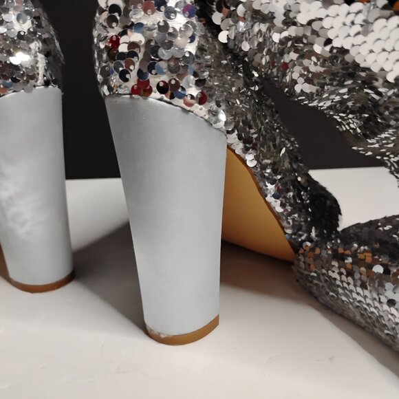 KHPAERMEI Sexy Sparkly Size 8 Thigh High Boots Open Toe Chunky Heel - Picture 15 of 16